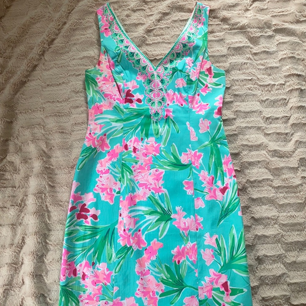 NWT Lilly Pulitzer Veya Stretch Shift Size 4 Aqua Al Fresco Isn’t She Lovely